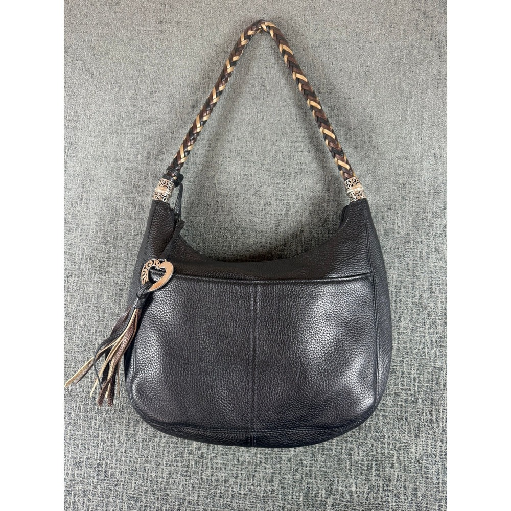 Brighton Black Pebbled Leather Hobo Bag Braided Strap Heart Tassel Charm